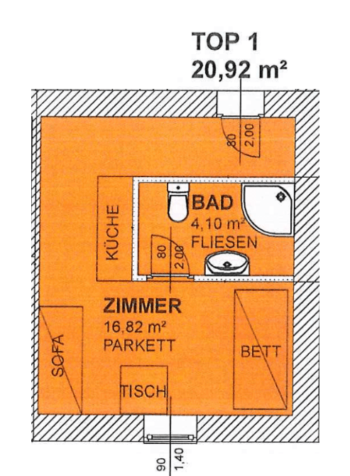 Grundriss einer kleinen Wohnung mit offenem Wohn-/Schlafbereich, integrierter Küche und separatem Bad.
