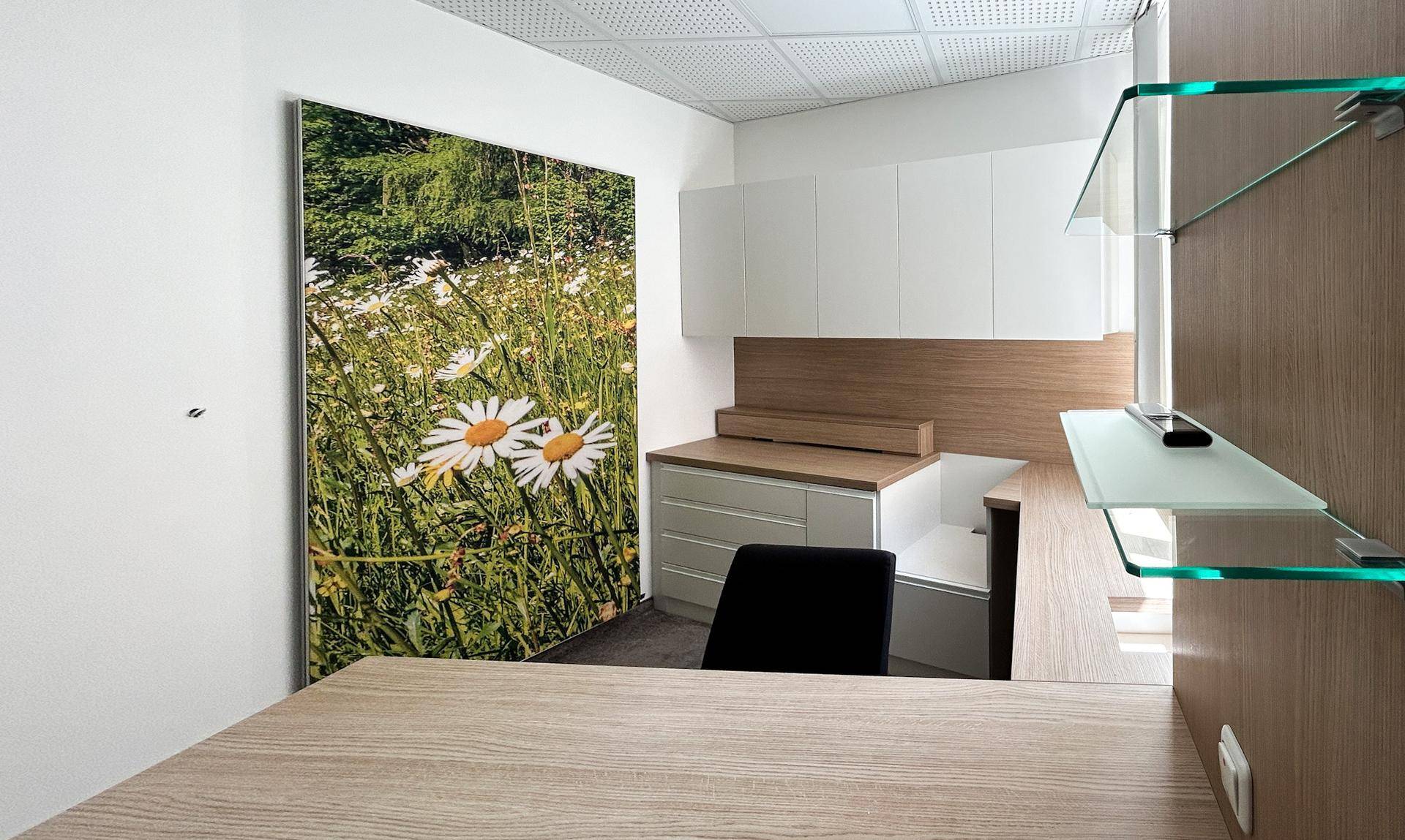 Modern eingerichteter Bürobereich mit Holzmöbeln, weißen Schränken und einem großen Naturbild an der Wand.