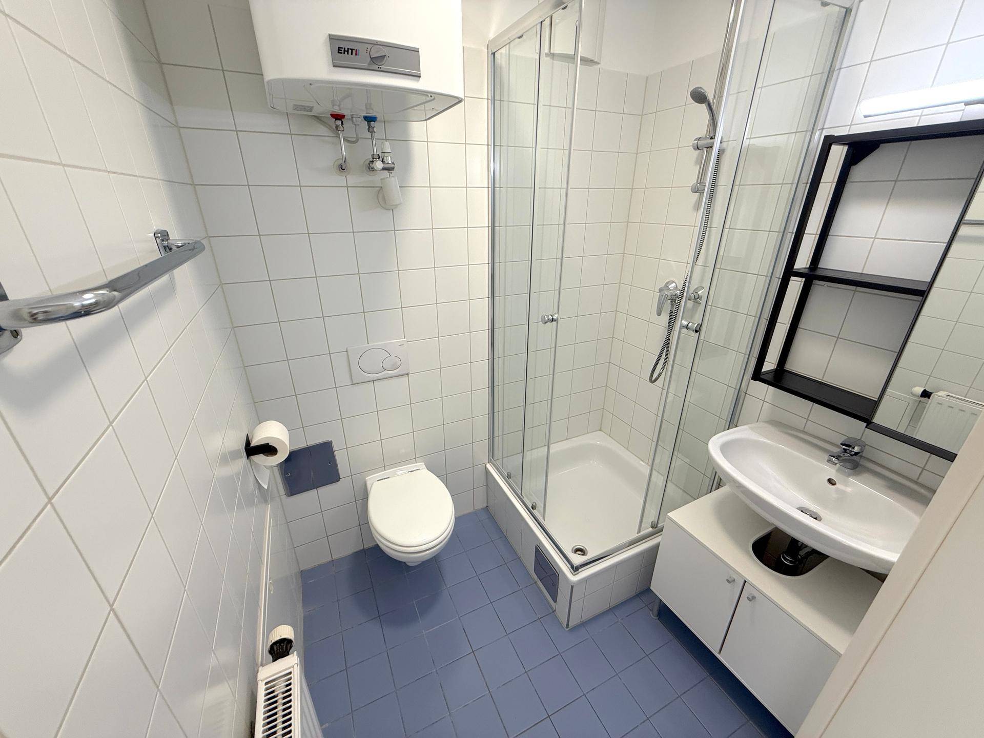 Funktionales Badezimmer mit blauen Bodenfliesen, Duschkabine und Wand-WC.
