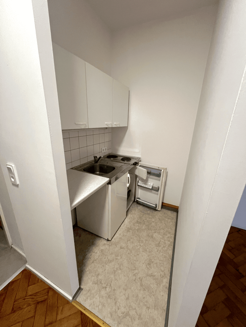 Kompakte Küchenzeile mit Spüle, Kochplatten und Kühlschrank, ideal für kleine Wohnungen.