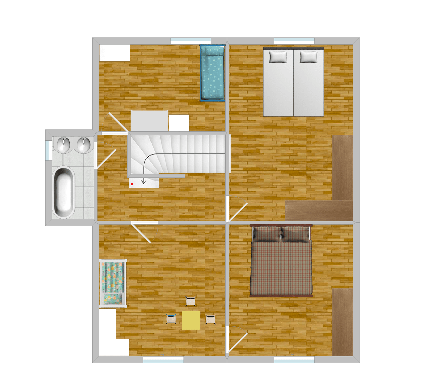 Grundriss des Obergeschosses mit zwei Schlafzimmern und einem Badezimmer.
