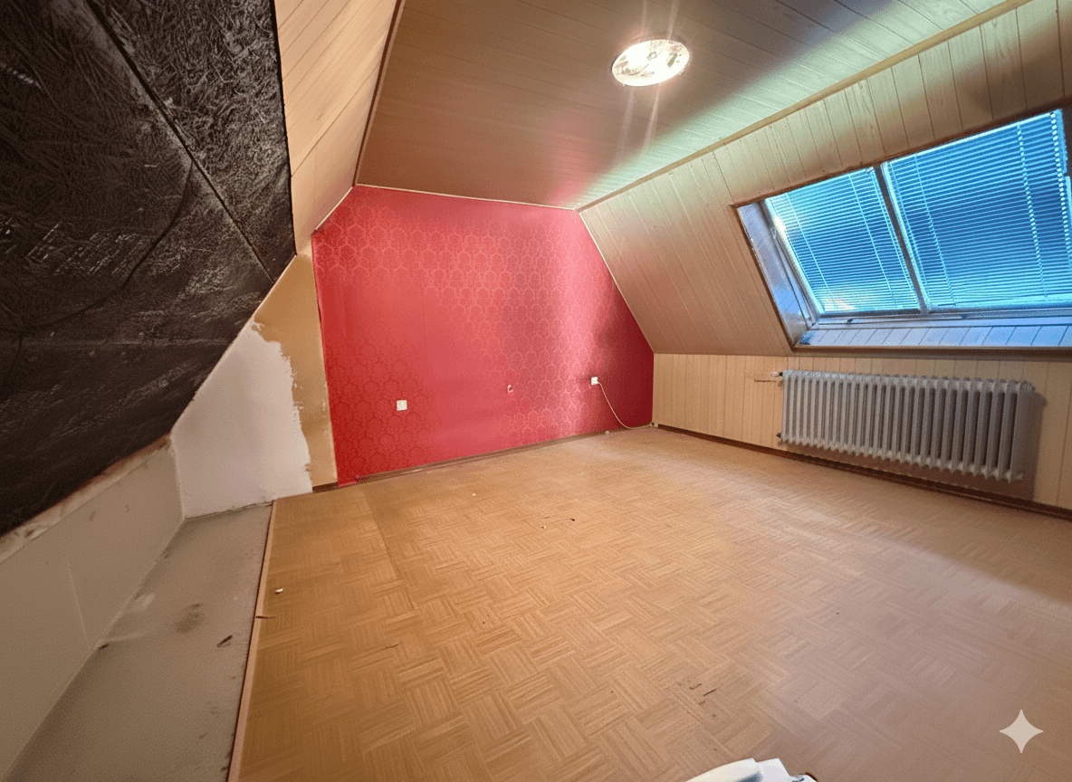 Dachgeschosszimmer mit Holzverkleidung, roter Tapete und Dachfenster, ideal für Ausbau.