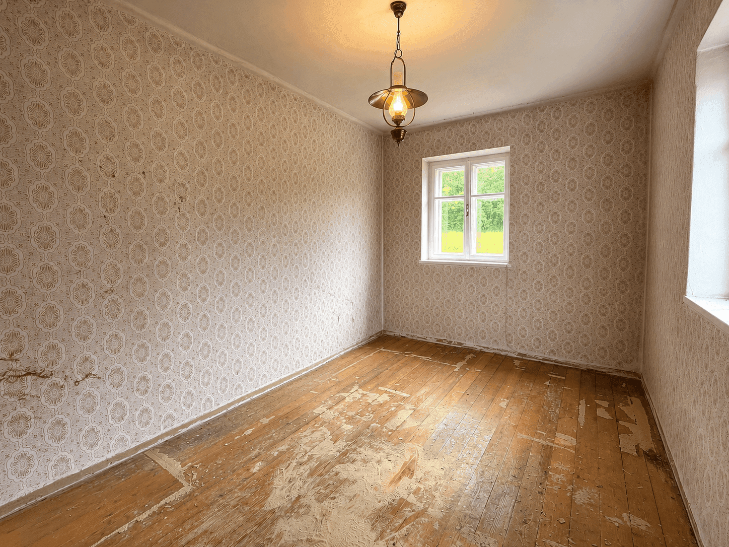 Leeres Schlafzimmer mit alter Tapete, Holzboden und einem Fenster mit Blick ins Grüne.