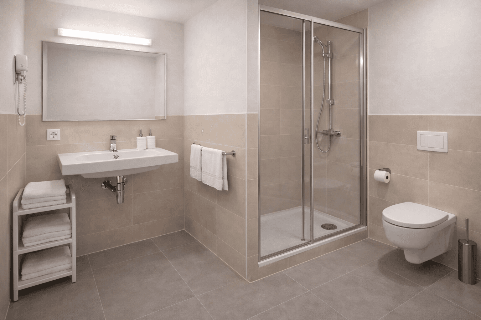 Modernes Badezimmer mit begehbarer Dusche, Wand-WC und hellen Fliesen an Wänden und Boden.