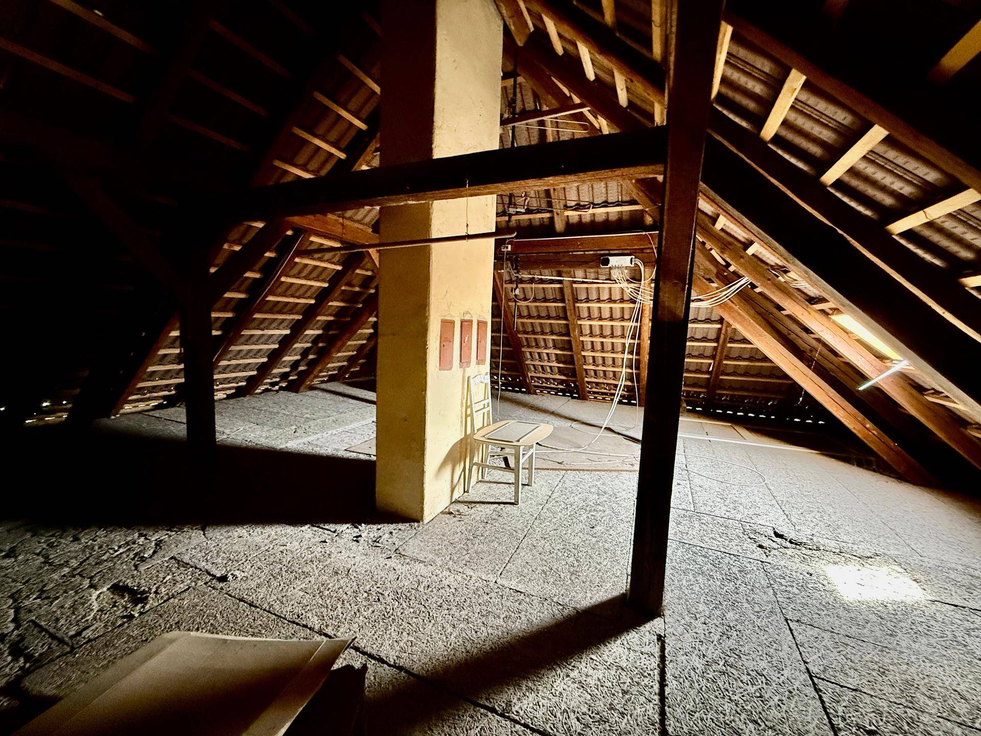 Unausgebauter Dachboden mit sichtbaren Holzbalken und Dachkonstruktion, bietet Ausbaupotenzial.