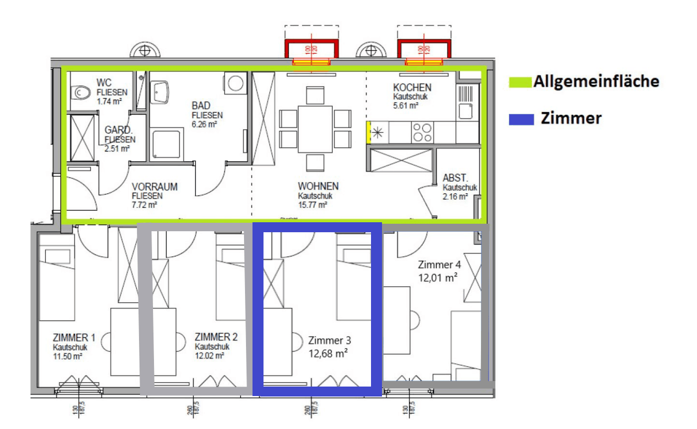 Grundriss der Wohnung mit Zimmeraufteilung, Balkon und Flächenangaben in Quadratmetern.