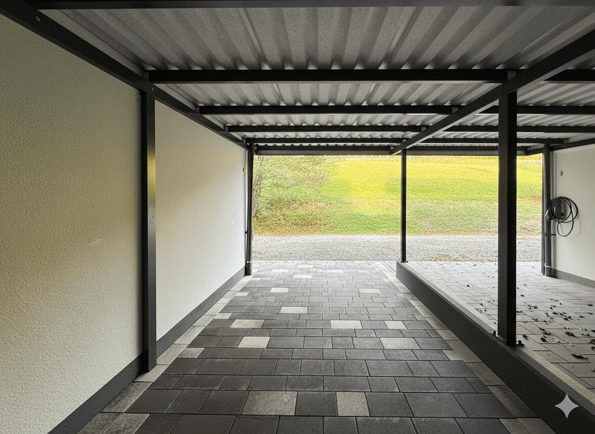 Überdachter Stellplatz mit gepflastertem Boden und Blick auf die Landschaft.