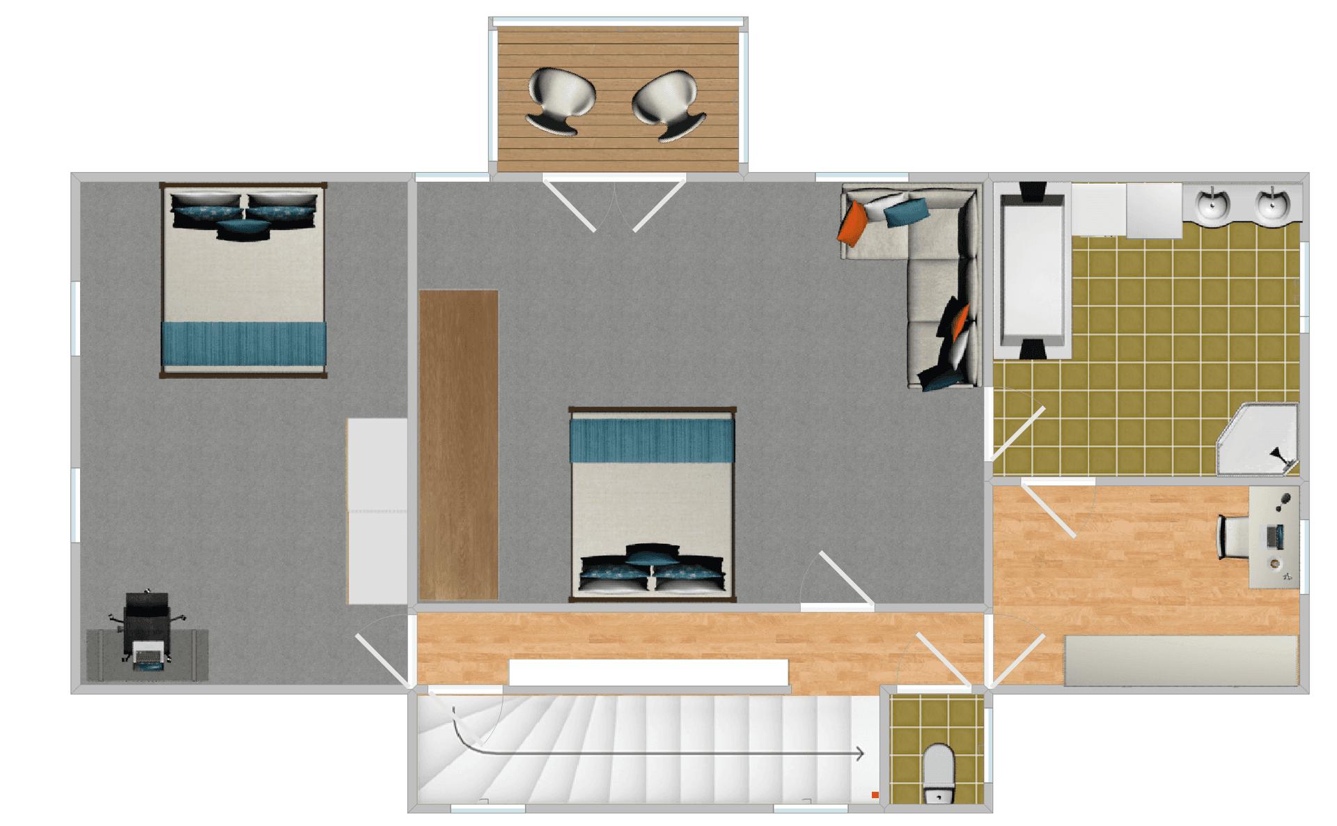 Grundriss des Obergeschosses mit Schlafzimmern, Badezimmer und Treppenaufgang.