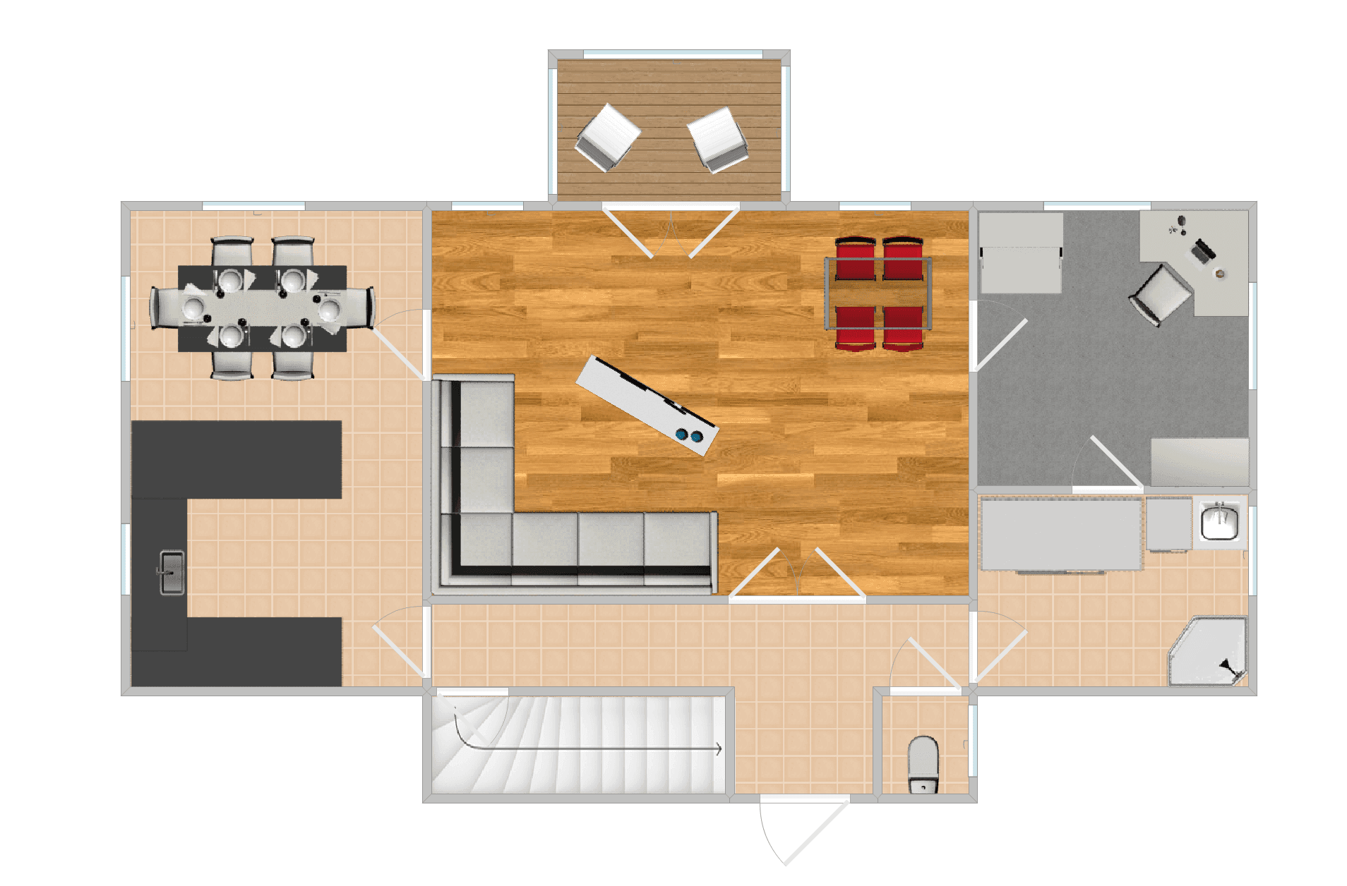 Grundriss des Erdgeschosses mit offenem Wohnbereich, Küche, Esszimmer und Balkonzugang.