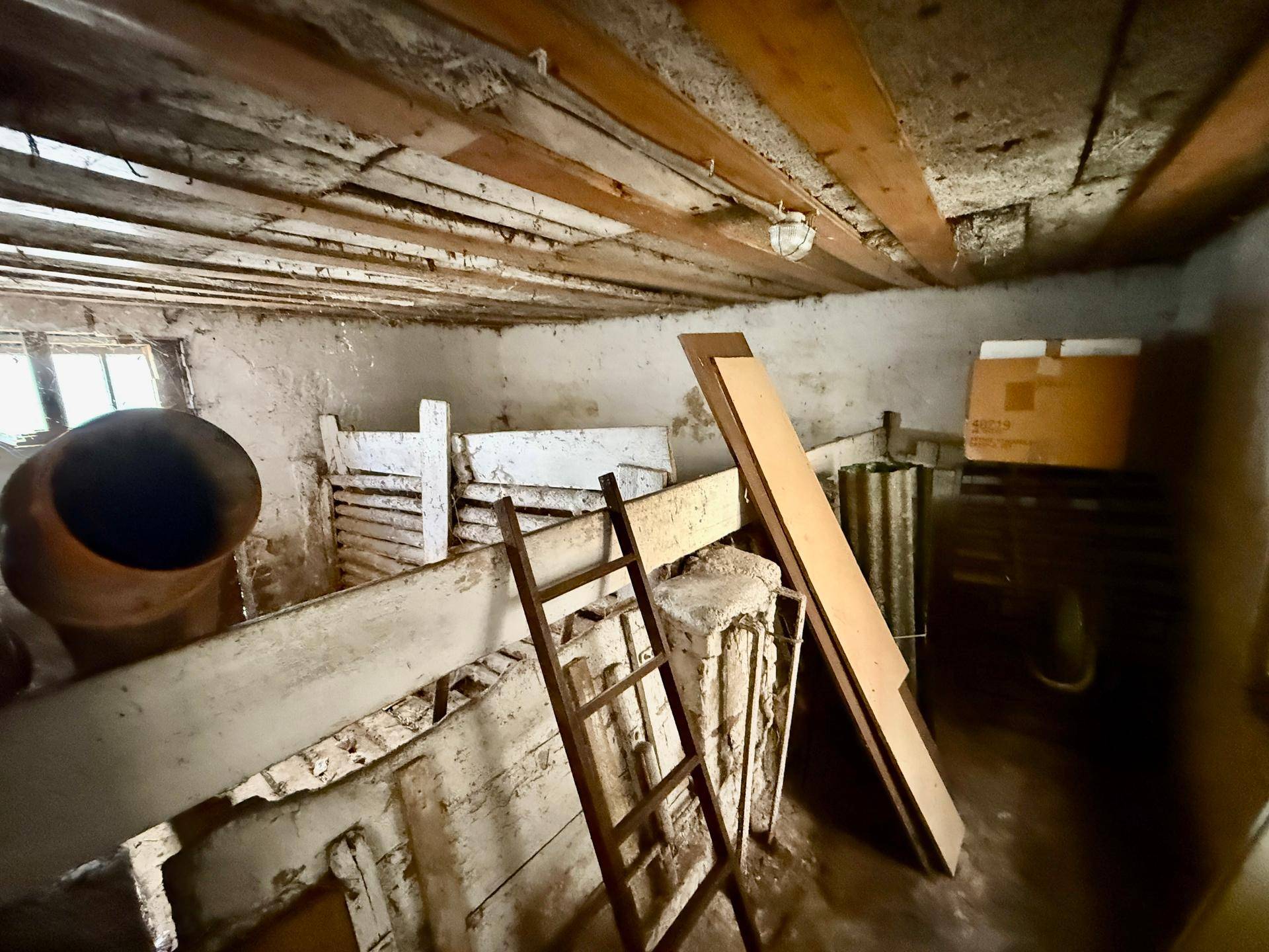Alter Lagerraum mit sichtbaren Holzbalken, rauen Putzwänden und einer Leiter.
