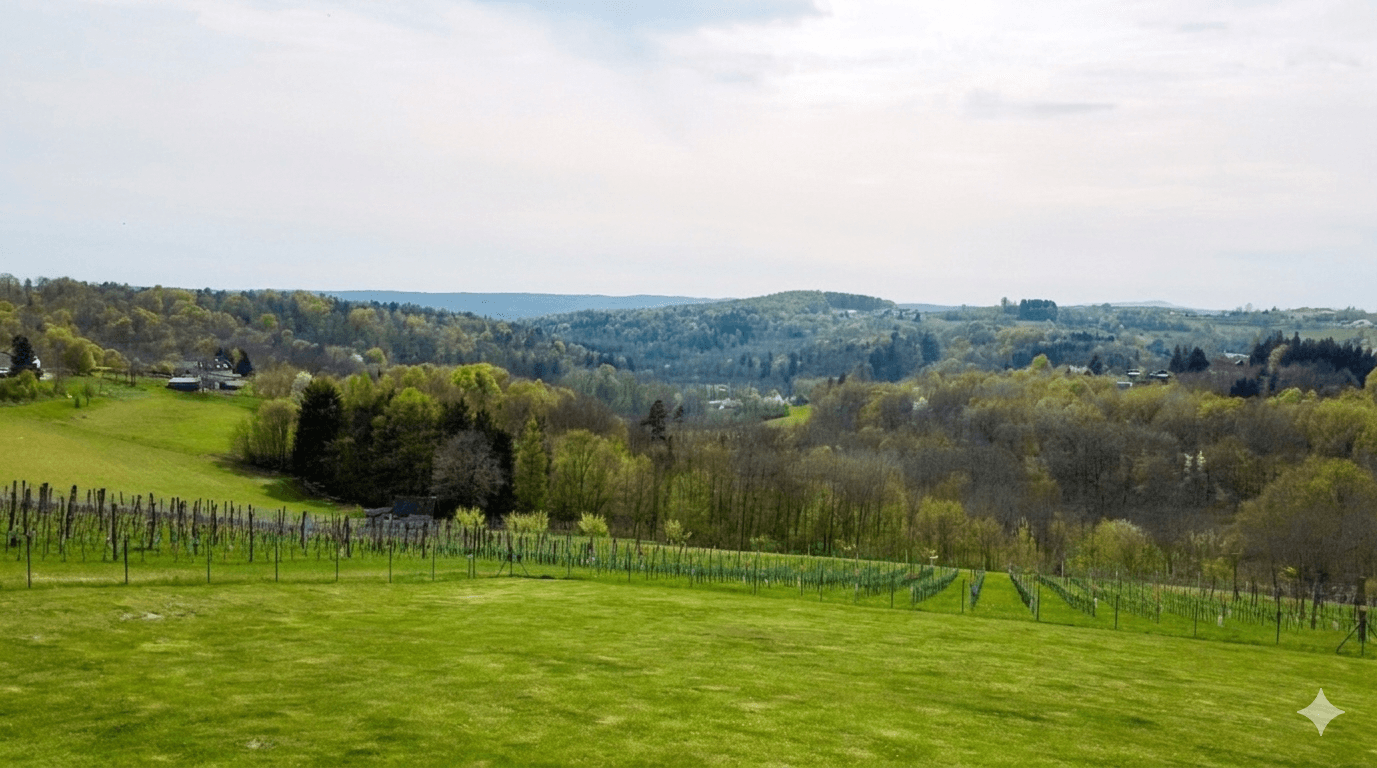 Weitläufiger Blick über sanfte Hügel, Wälder und Weinberge in ländlicher Umgebung.