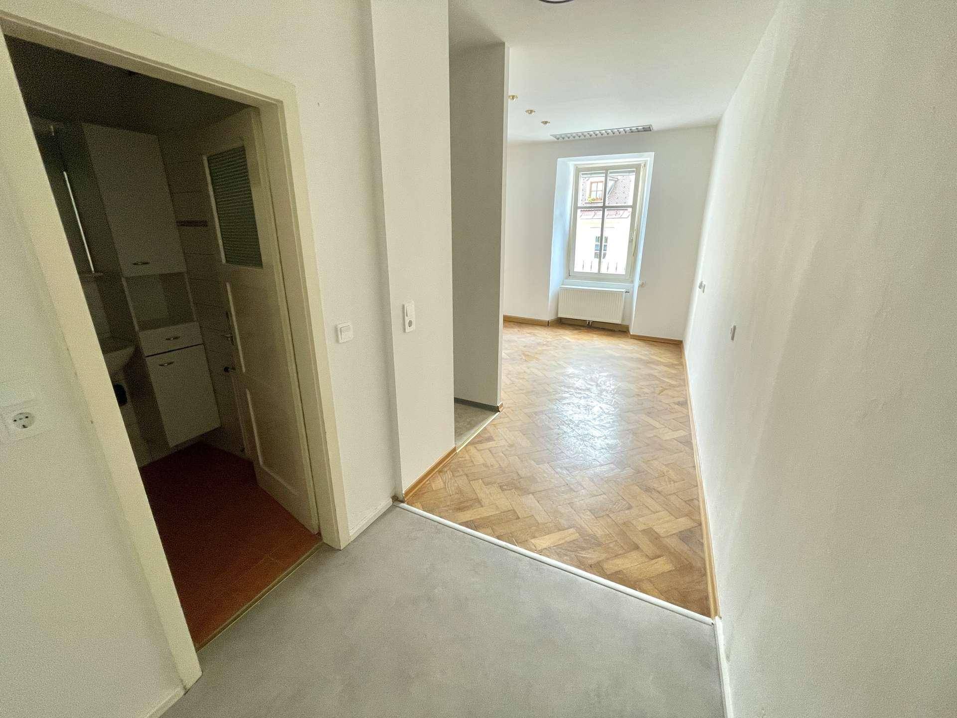Flur mit Parkettboden, der zu einem hellen Zimmer und einer kleinen Küchenzeile führt.