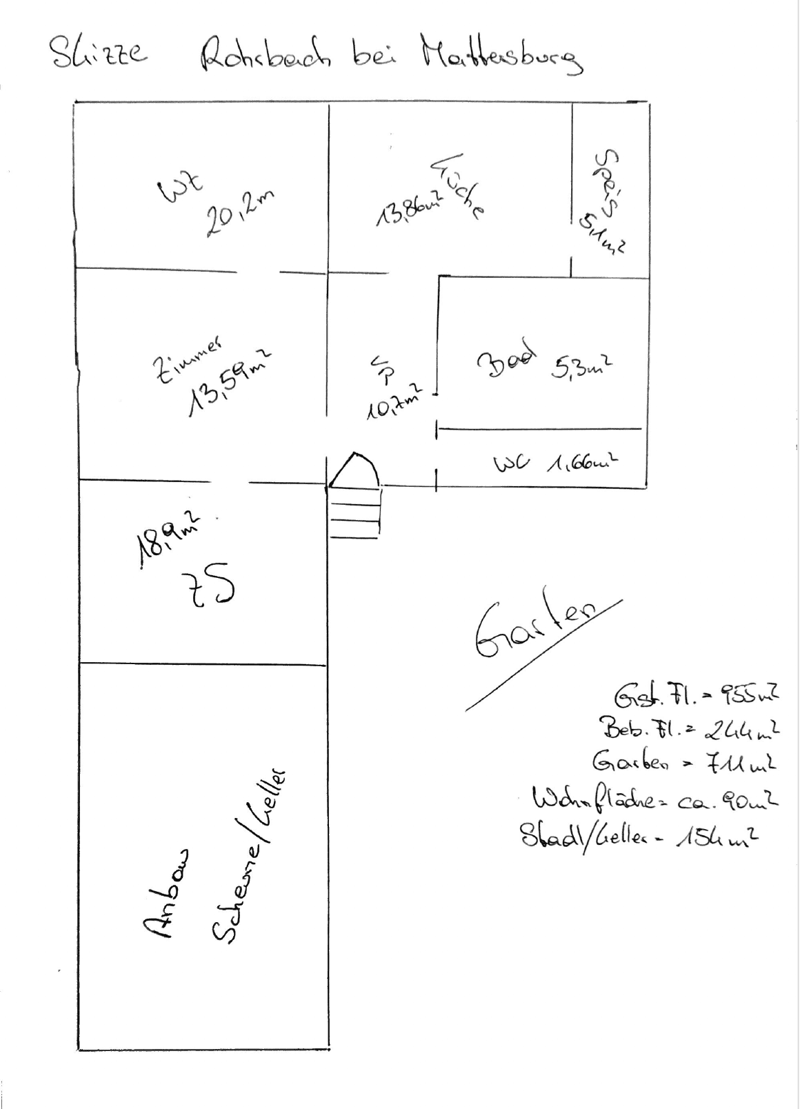 Handgezeichneter Grundriss des Anwesens mit Raumaufteilung und Flächenangaben.