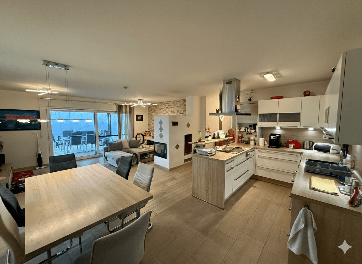 Offener Wohn-Essbereich mit moderner Küche, Kamin und Zugang zur Terrasse.
