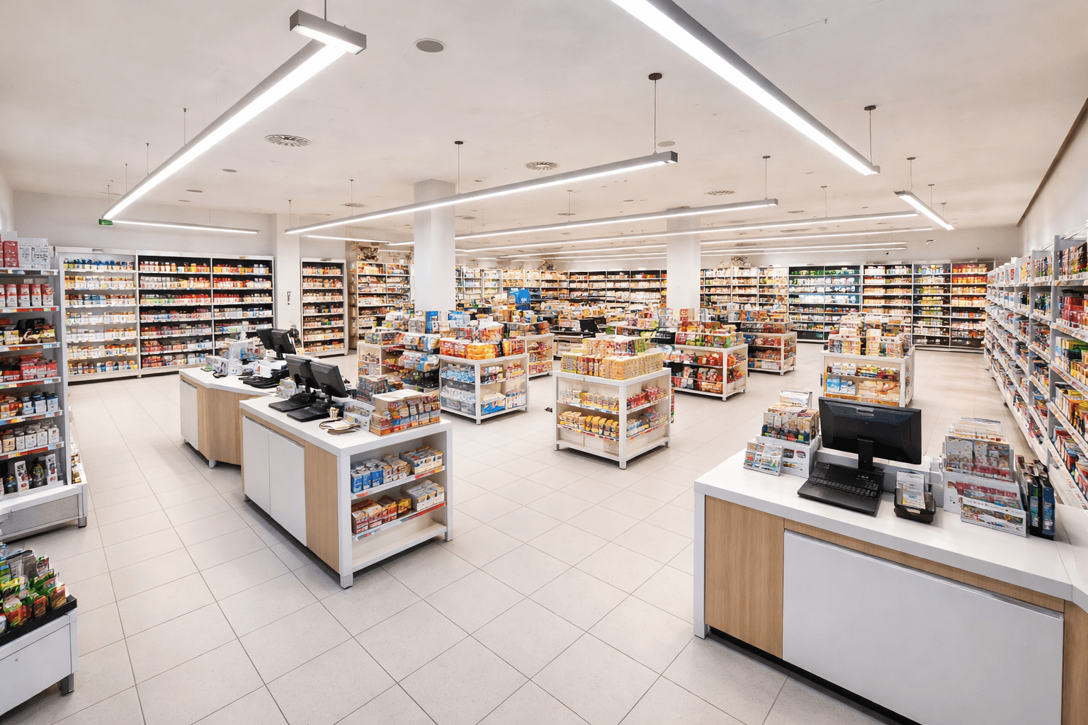 Heller und gut sortierter Supermarkt mit zahlreichen Regalen, Kassentischen und moderner Beleuchtung.