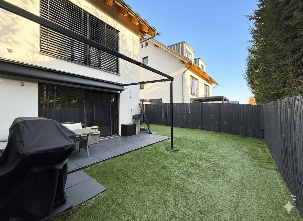 Gepflegter Gartenbereich mit Kunstrasen, Terrasse und Grillplatz hinter dem Haus.