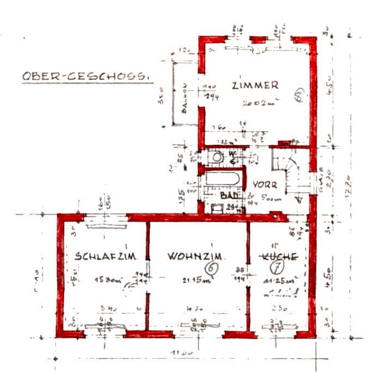 Grundriss des Obergeschosses mit Schlafzimmer, Wohnzimmer, Küche und Bad.
