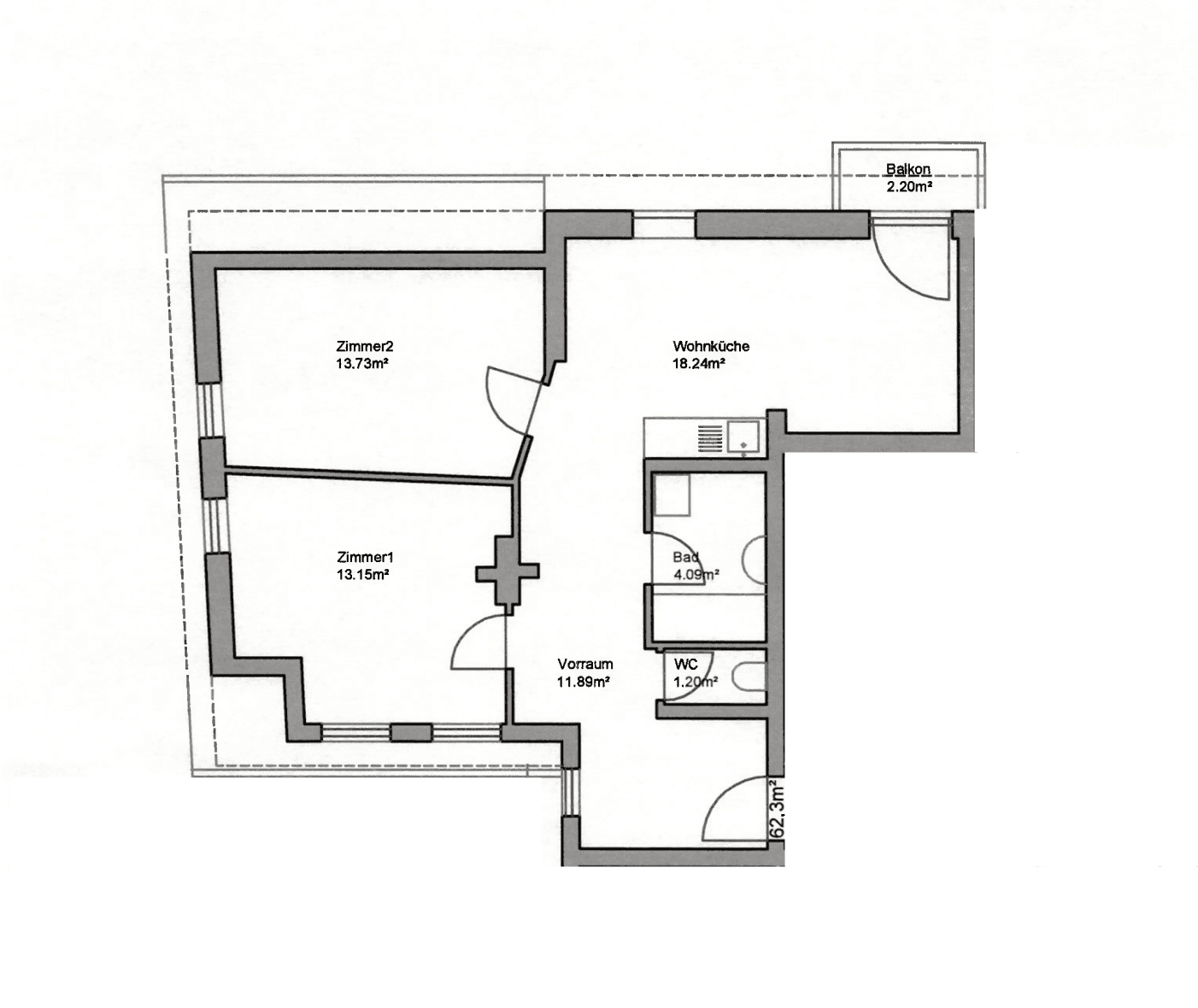 Grundriss einer Wohnung mit zwei Zimmern, Wohnküche, Bad, WC und einem kleinen Balkon.