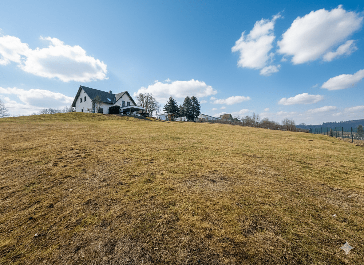 Weitläufiges Feld mit einem Haus in der Ferne auf einem Hügel unter blauem Himmel mit Wolken.
