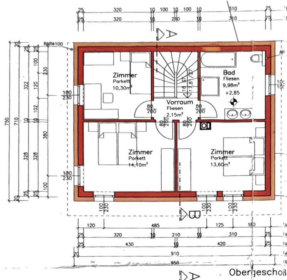 Grundriss des Obergeschosses mit drei Zimmern und einem Badezimmer.