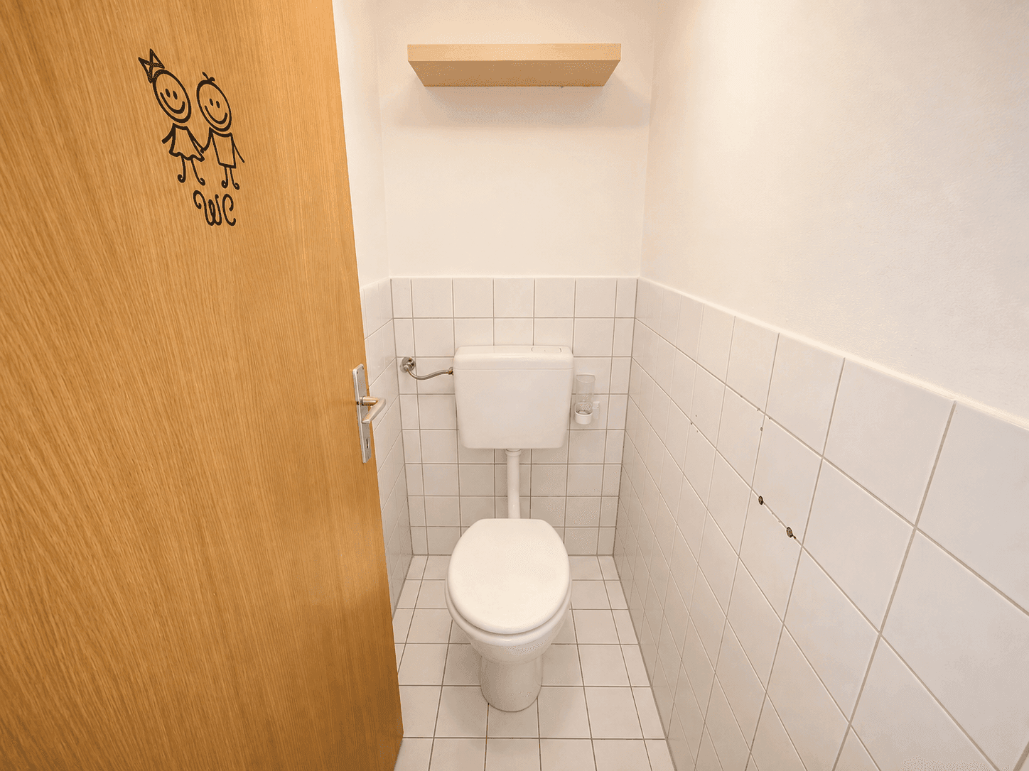 Kleines WC mit weißer Toilette, halbhoch gefliesten Wänden und einer Holztür.
