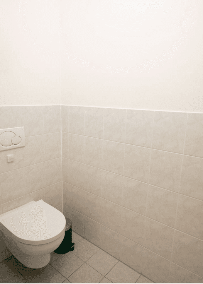 Separates WC mit Wand-WC und hellen Fliesen an Wänden und Boden.