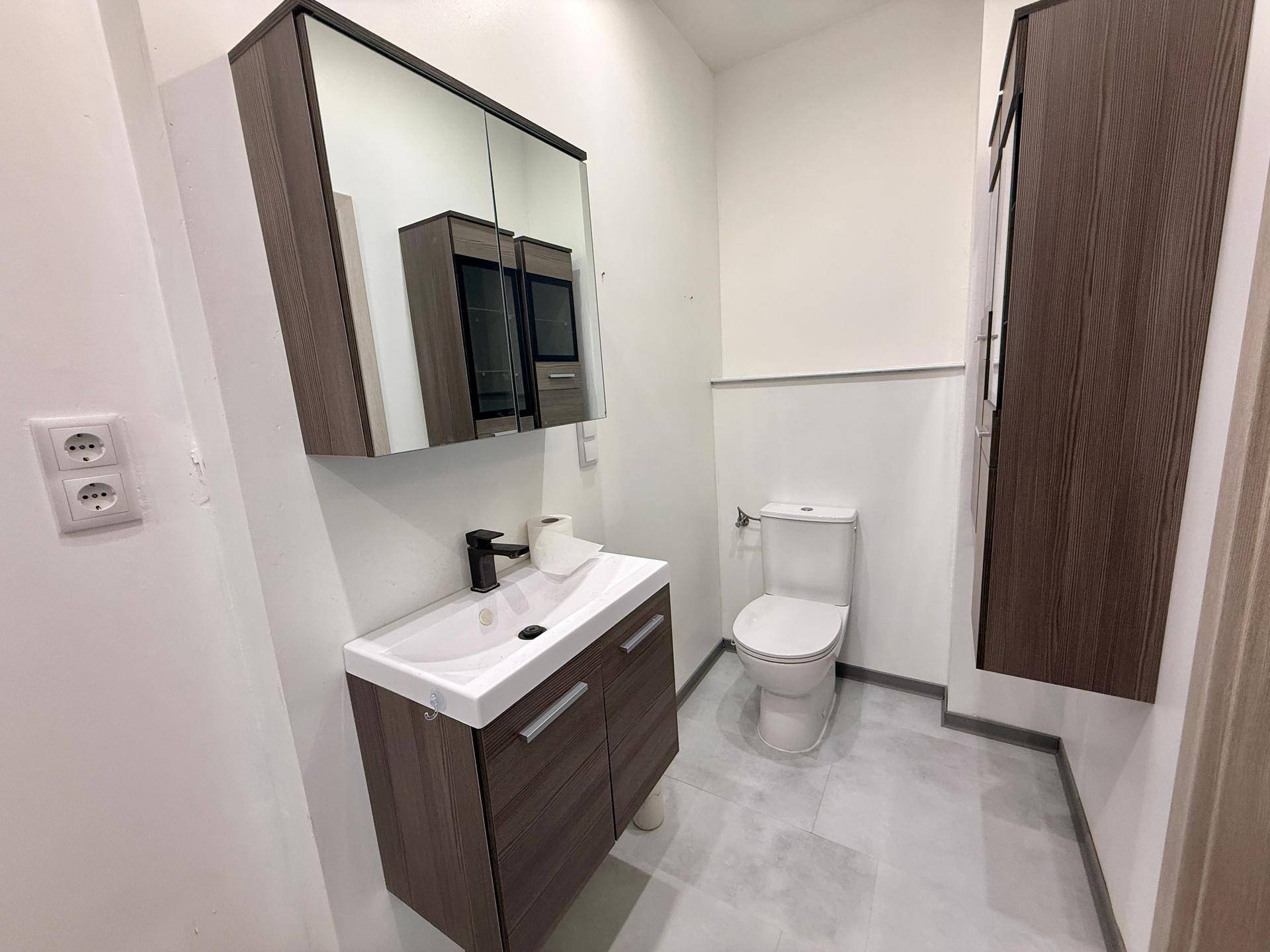 Separates WC mit Waschbecken, Toilette und Spiegelschrank.