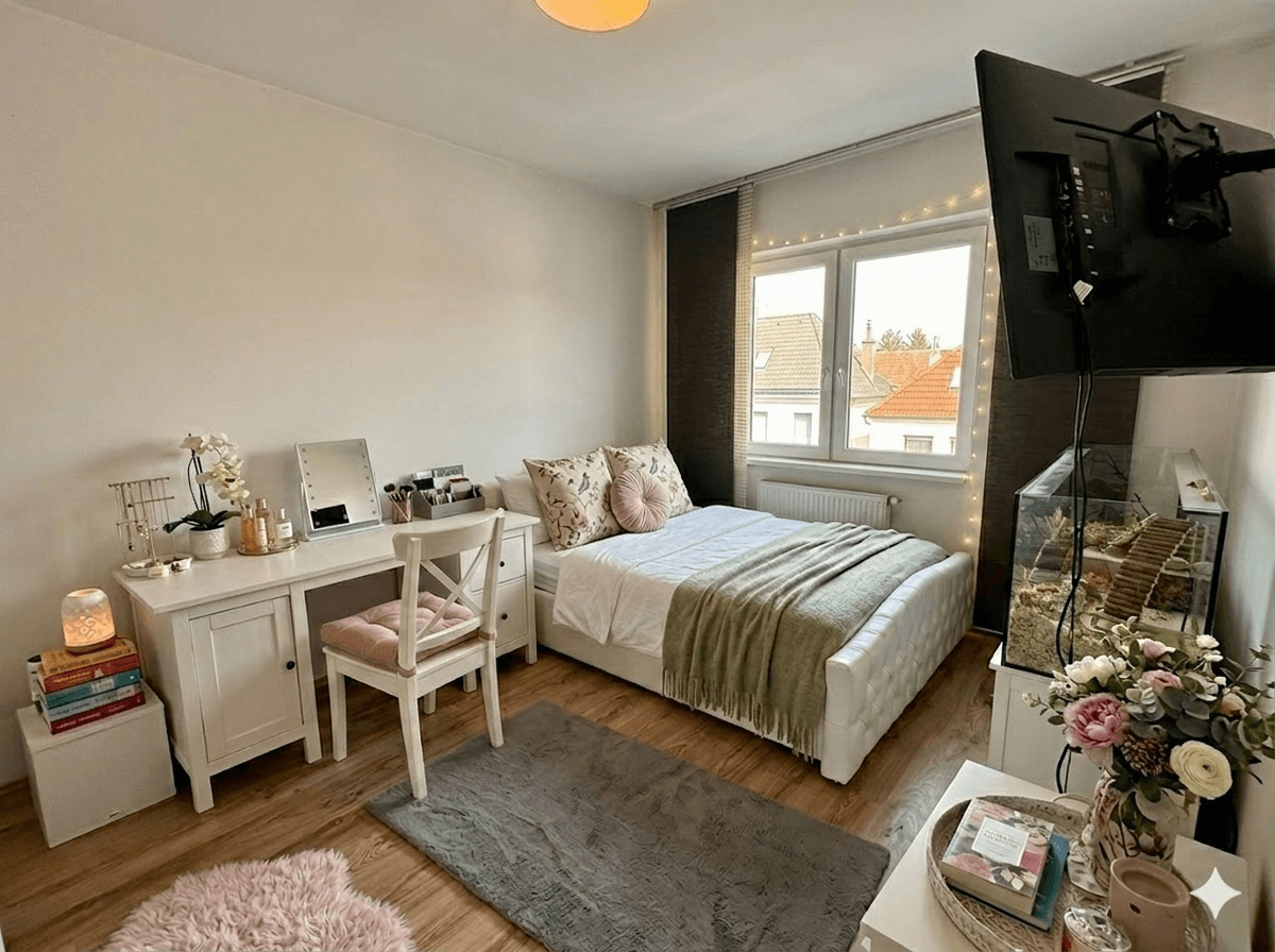 Gemütliches Schlafzimmer mit hellem Holzboden, Schminktisch und Fenster mit Blick nach draußen.