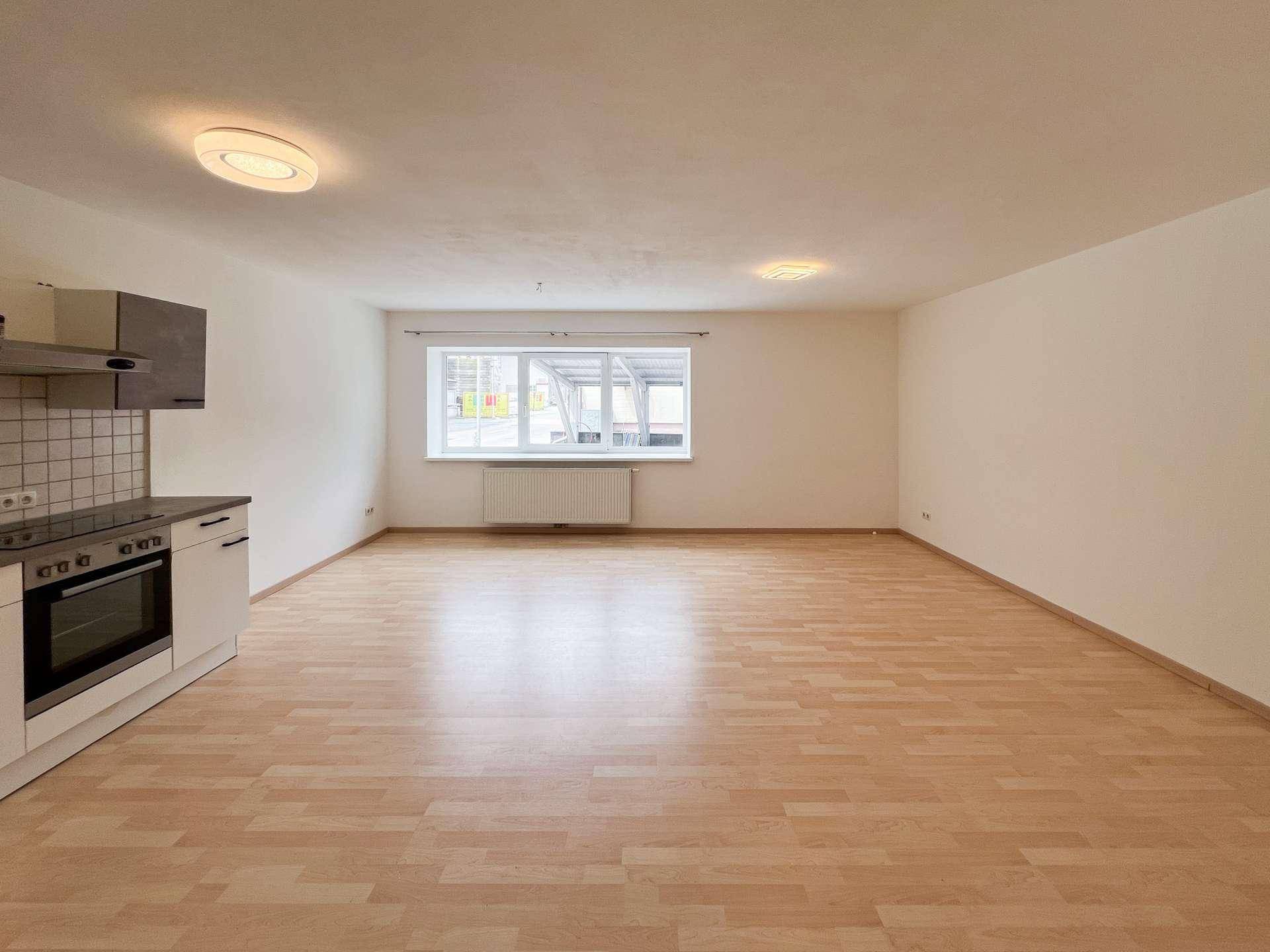 Geräumiger Wohnbereich mit integrierter Küchenzeile und Blick nach draußen.