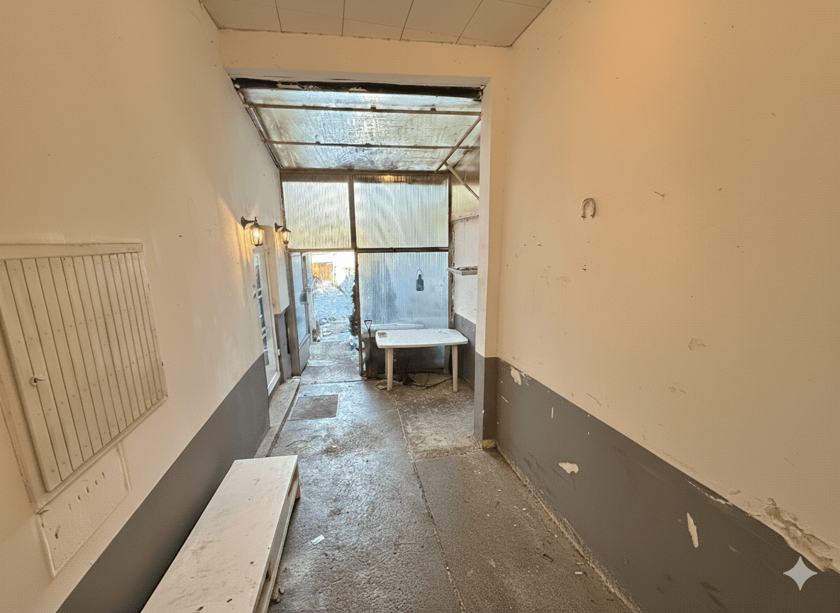 Überdachter Durchgangsbereich mit Glasdach und einfacher Einrichtung, bietet zusätzlichen Raum.