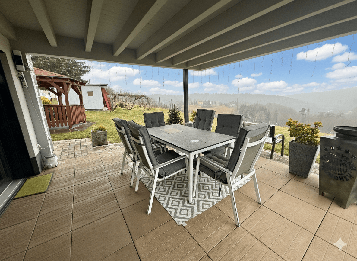 Überdachte Terrasse mit Esstisch und Stühlen, ideal für Mahlzeiten im Freien mit Weitblick.