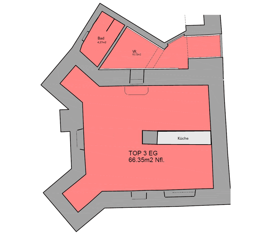 Grundriss der Wohnung mit Bad, Vorraum und offenem Wohn-Küchenbereich.