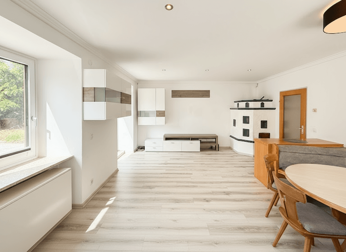 Geräumiges Wohnzimmer mit hellem Laminatboden, modernem Wandregal und traditionellem Kachelofen.