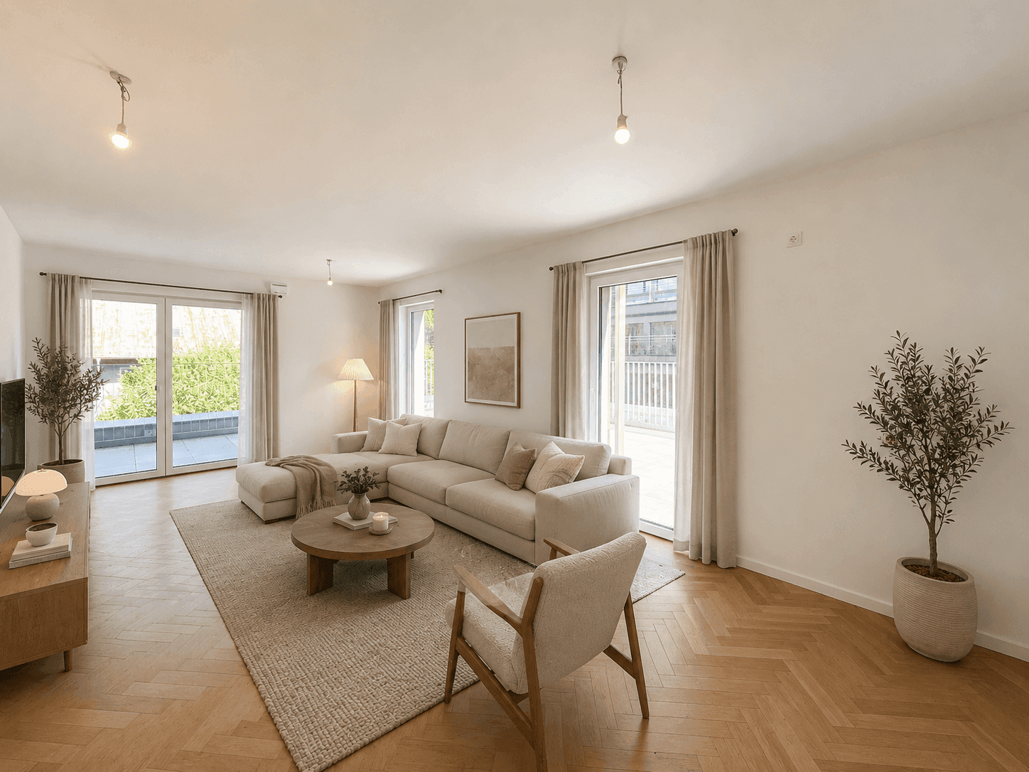 Helles Wohnzimmer mit Fischgrätparkett, beigem Sofa und Zugang zu einer Außenterrasse.