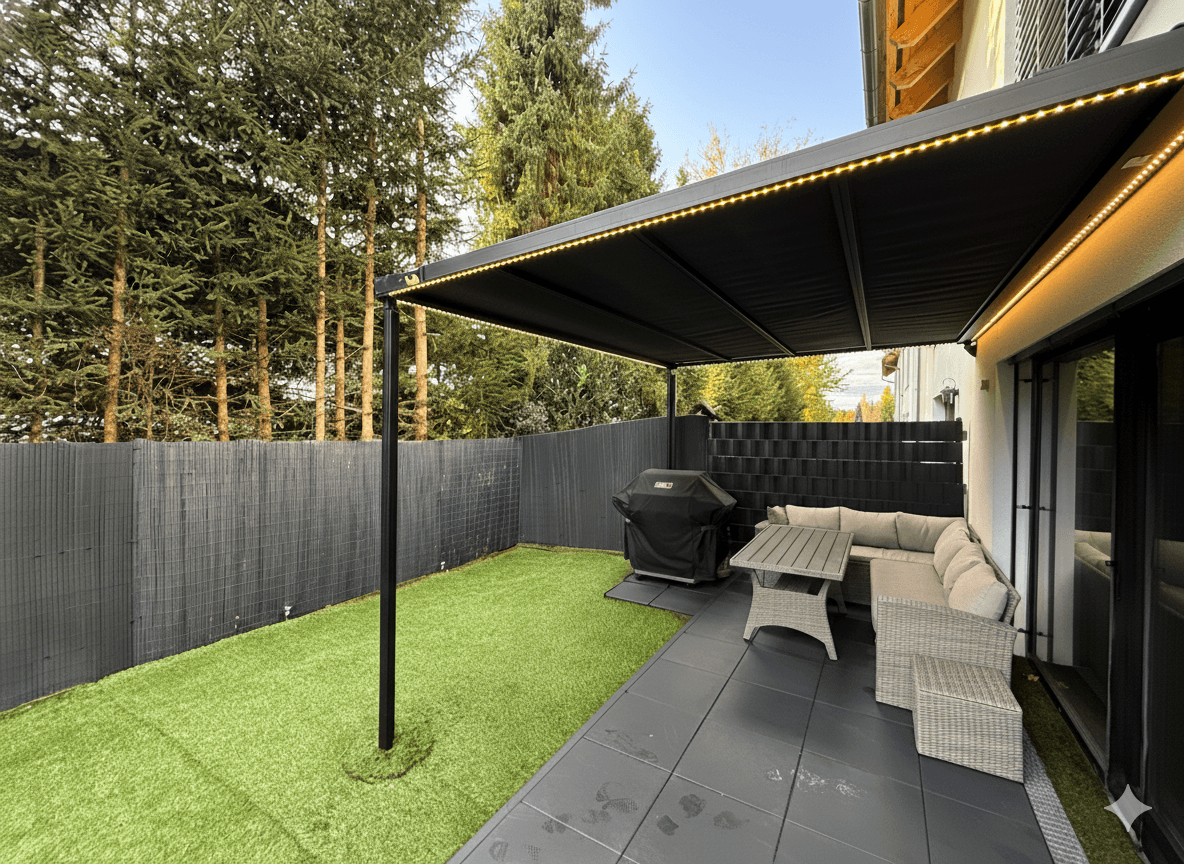 Großer Garten mit Kunstrasen, überdachter Terrasse und Blick ins Grüne.