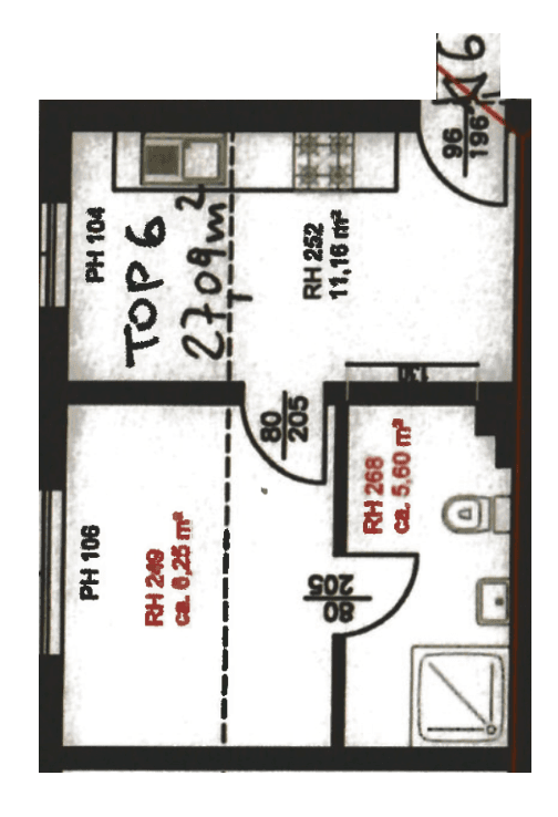 Handgezeichneter Grundriss einer Wohnung mit Raumaufteilung und Flächenangaben.