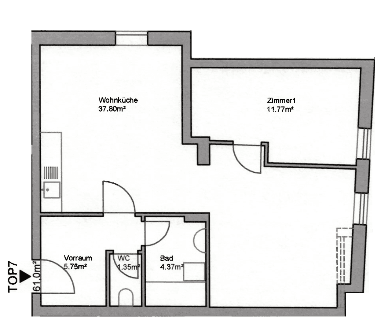 Grundriss der Wohnung mit Wohnküche, Zimmer, Bad und separatem WC, übersichtlich dargestellt.
