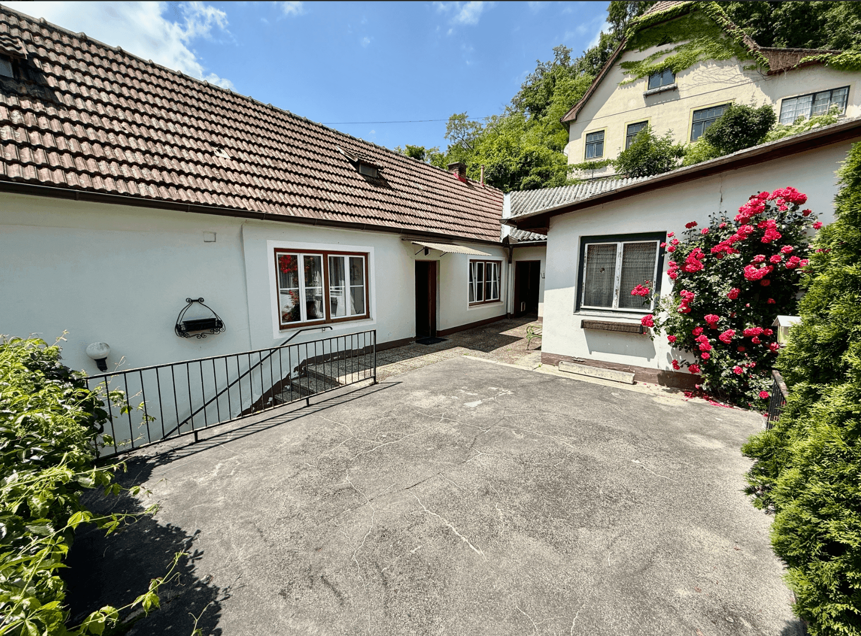 Außenansicht des Hauses mit einem einfachen Betonhof und üppiger Rosenbepflanzung.