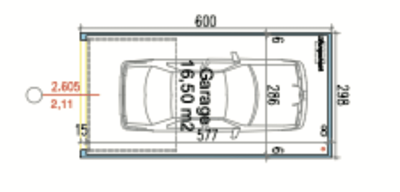 Grundriss einer Garage mit eingezeichnetem Fahrzeug und Maßangaben für die Fläche.