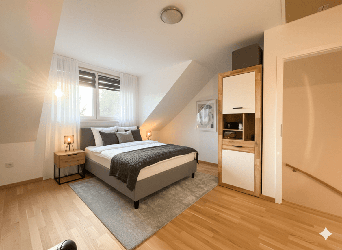 Gemütliches Schlafzimmer mit Holzboden, Dachschräge und modernem Bett.