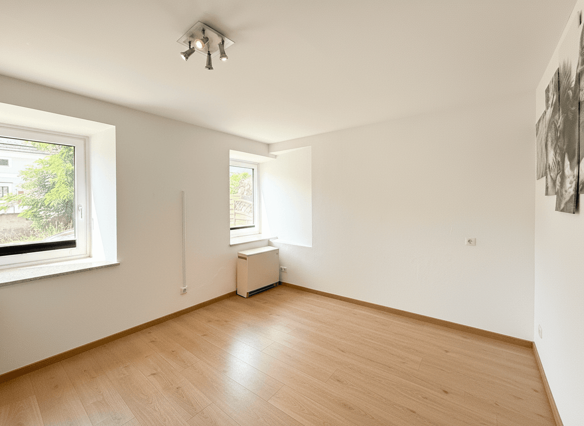 Helles Schlafzimmer mit Holzboden und zwei Fenstern, die viel Tageslicht hereinlassen.
