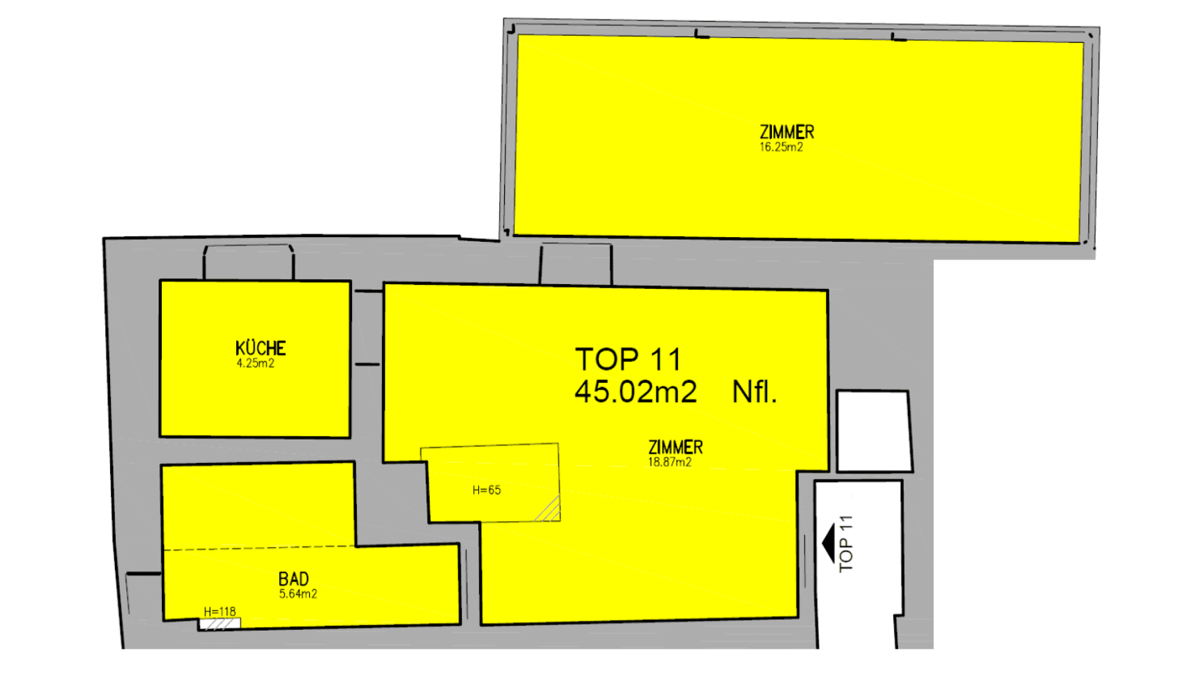 Grundriss der Wohnung mit Zimmern, Küche und Bad, Flächenangaben in Quadratmetern.