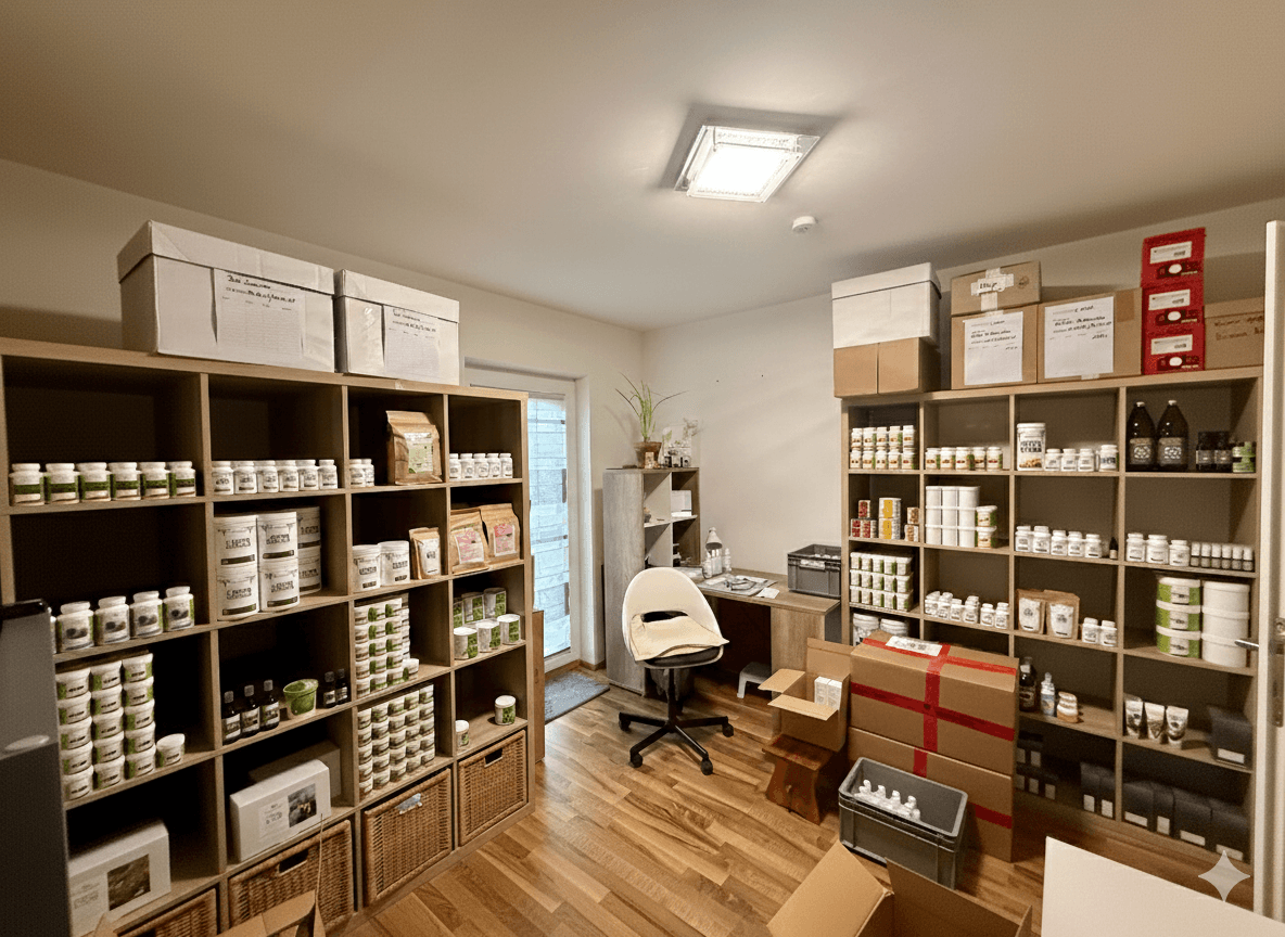 Geräumiges Arbeitszimmer mit umfangreichen Regalsystemen und Holzboden für Lagerung und Büroarbeit.