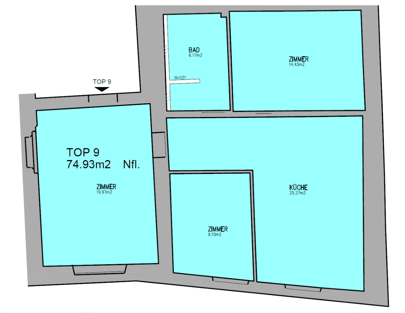 Grundriss der Wohnung mit Zimmern, Bad und Küche, Gesamtfläche 74,93m².