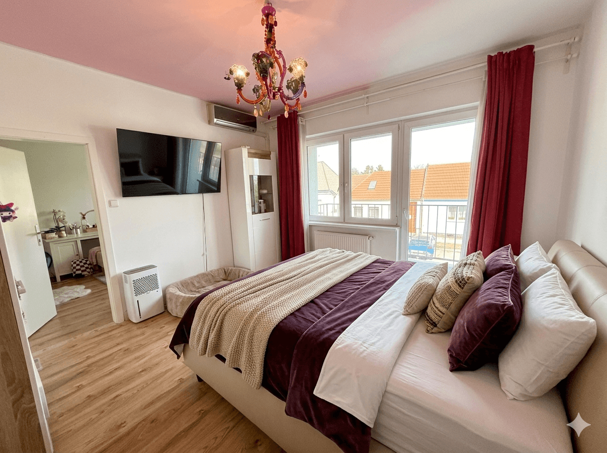 Geräumiges Schlafzimmer mit Holzboden, Klimaanlage und farbiger Decke.
