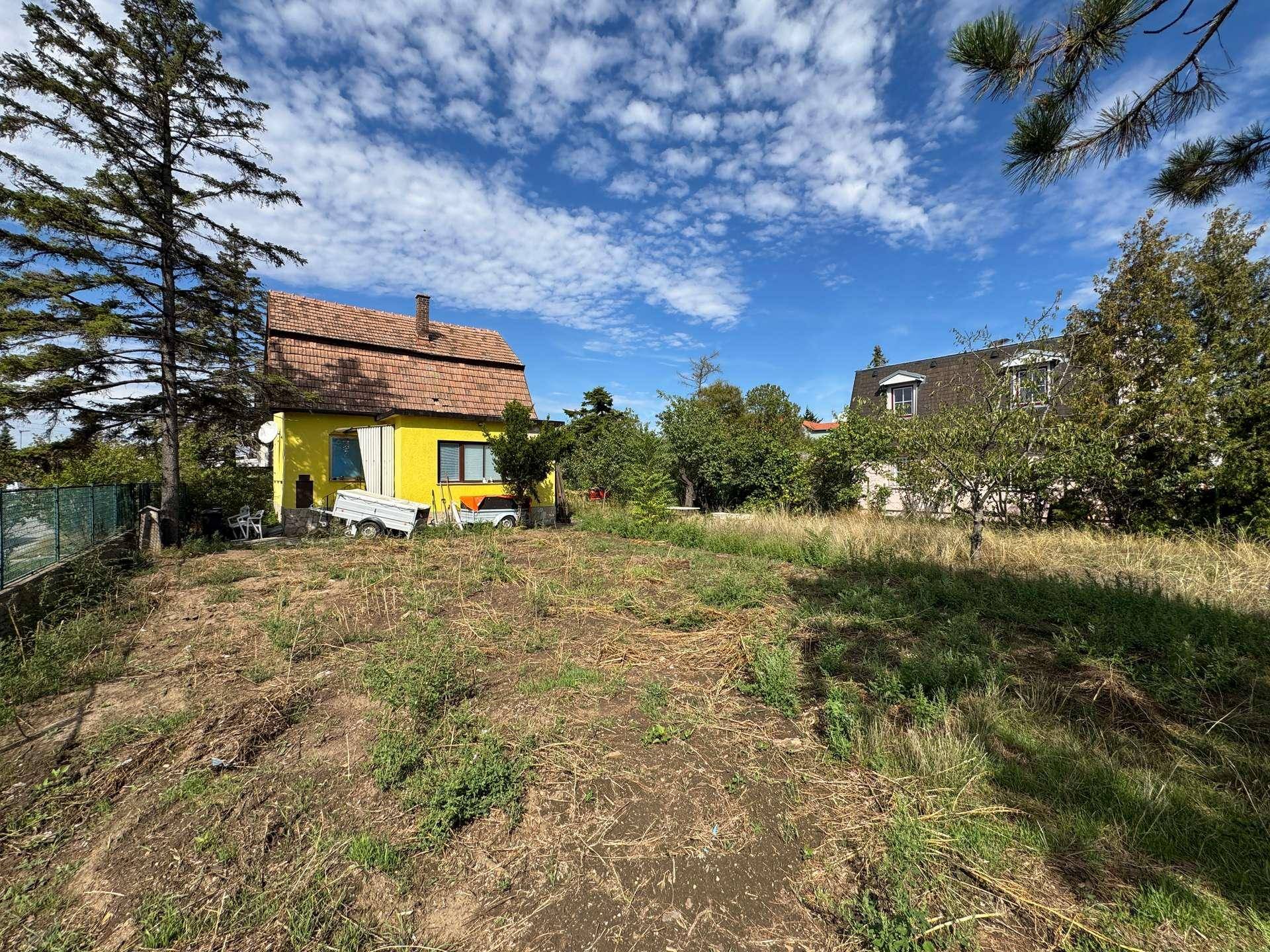 Gelbes Haus von einem unbebauten Grundstück aus gesehen, mit Bäumen und blauem Himmel.