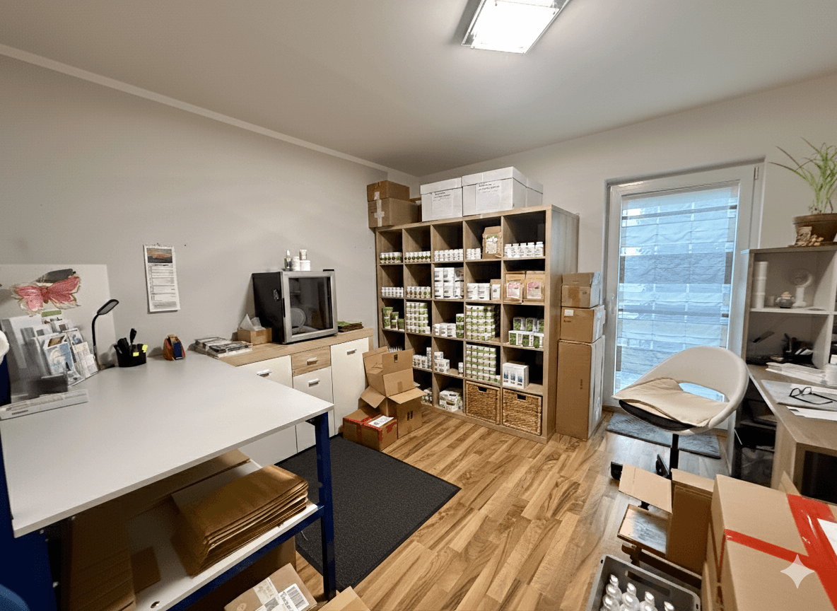 Arbeitszimmer mit Regalen voller Produkte, Holzboden und einem Schreibtischbereich.