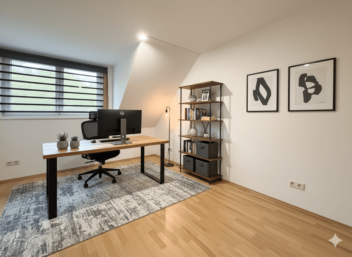 Modernes Arbeitszimmer mit Schreibtisch, Regal und Holzboden unter Dachschräge.