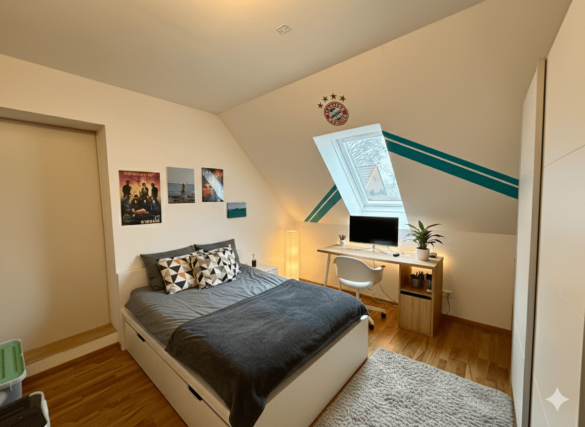 Jugendzimmer mit Bett, Schreibtisch, Holzboden und Dachfenster für natürliches Licht.