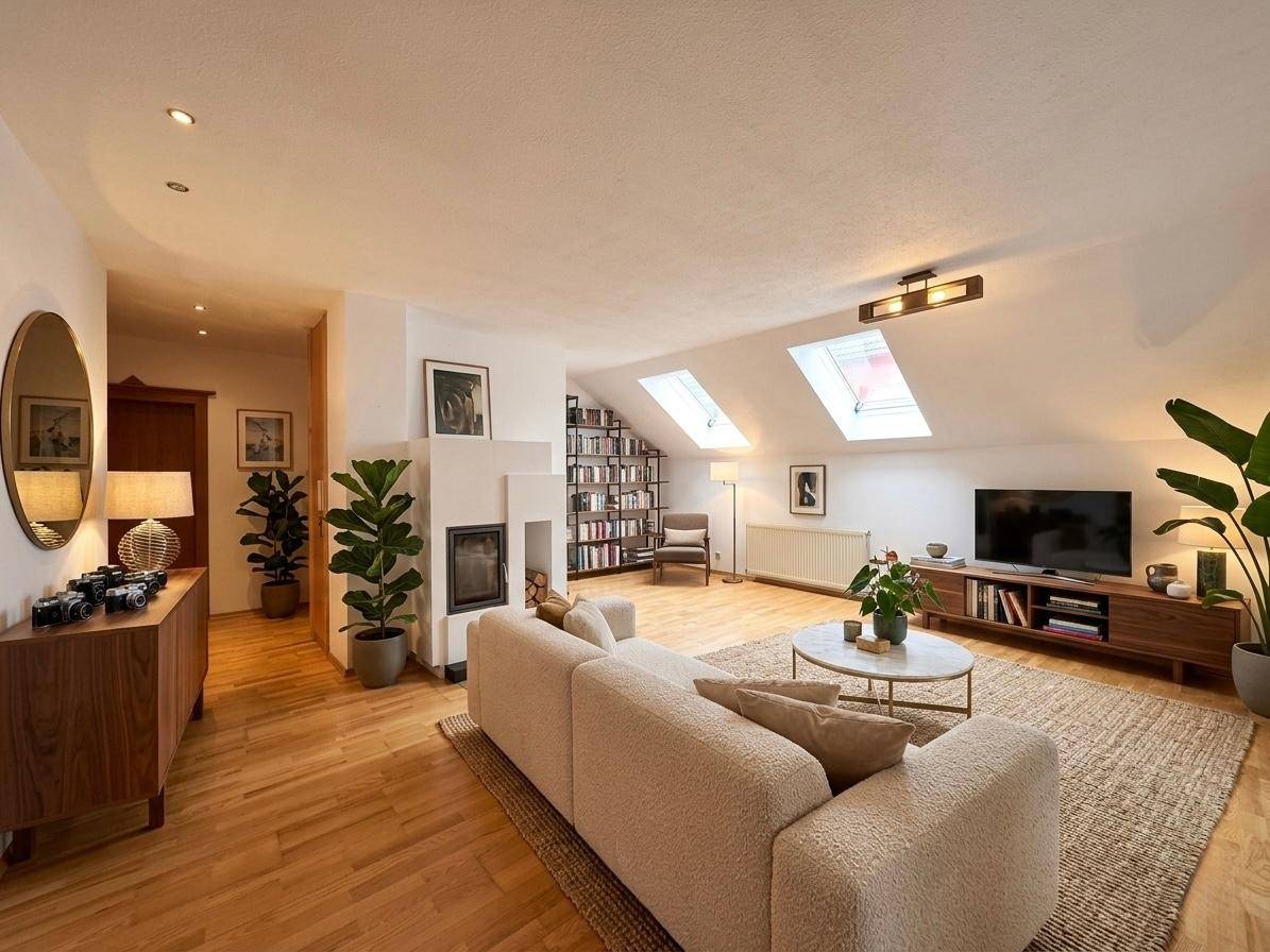 Gemütliches Wohnzimmer im Dachgeschoss mit Kamin, Holzboden und zwei Dachfenstern für viel Licht.